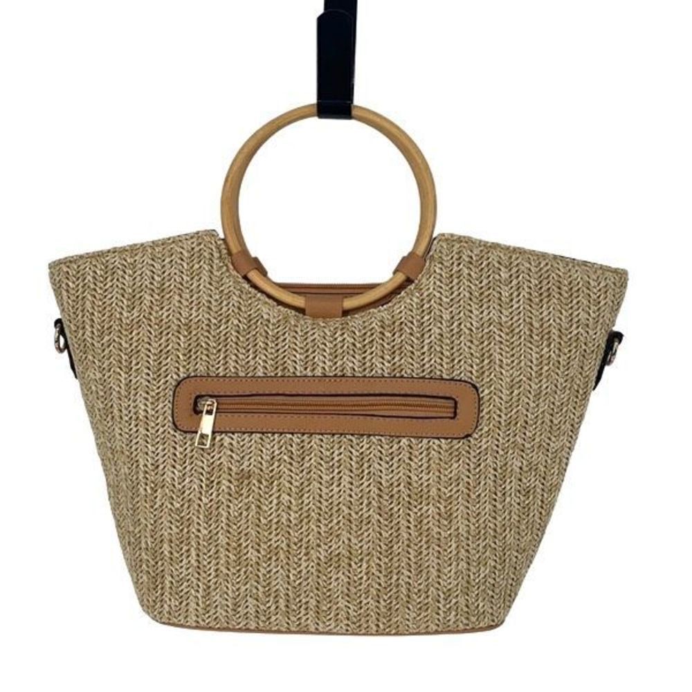 Be Dazzled Womens 2-Way Two-Tone Round Bamboo Handle Straw Satchel Bag NWT